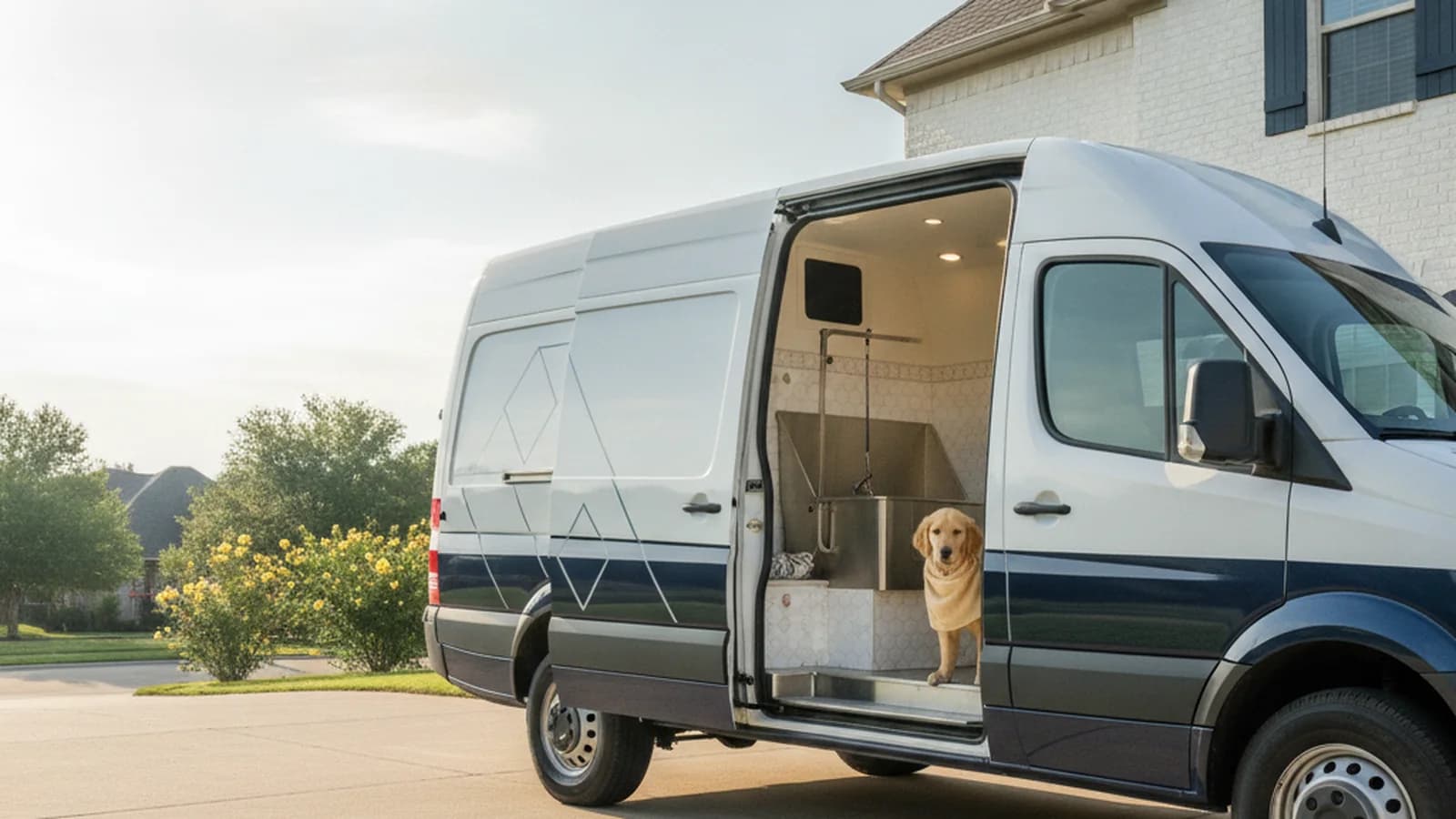 Glow Groom mobile grooming van parked in a driveway, ready for a spa appointment