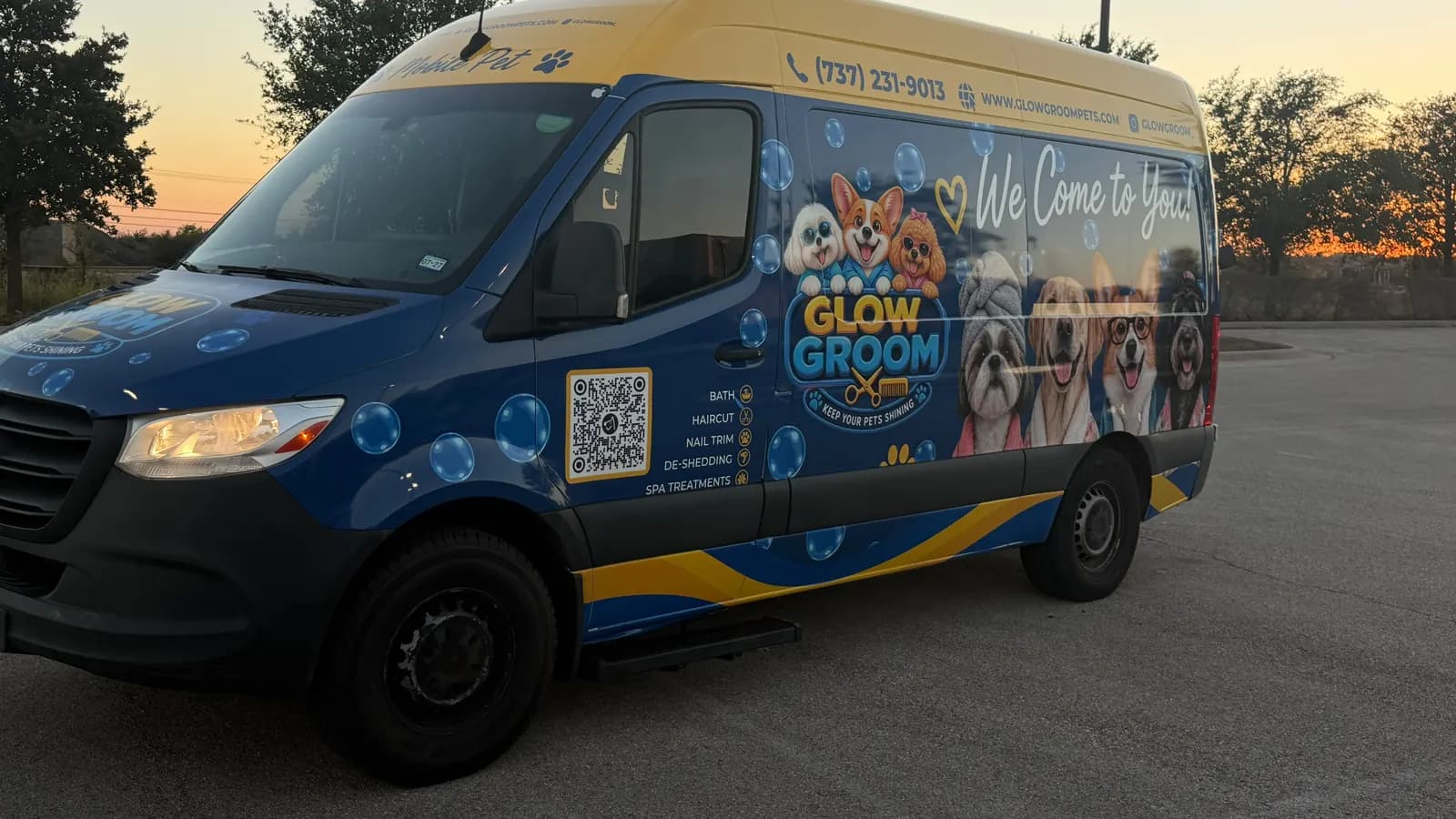The Glow Groom mobile grooming van parked and ready for an appointment