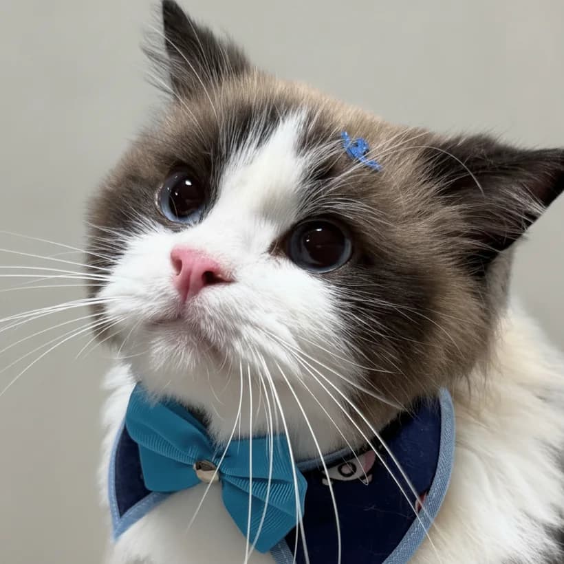Calm Ragdoll cat with a clean coat and a blue bow tie after grooming