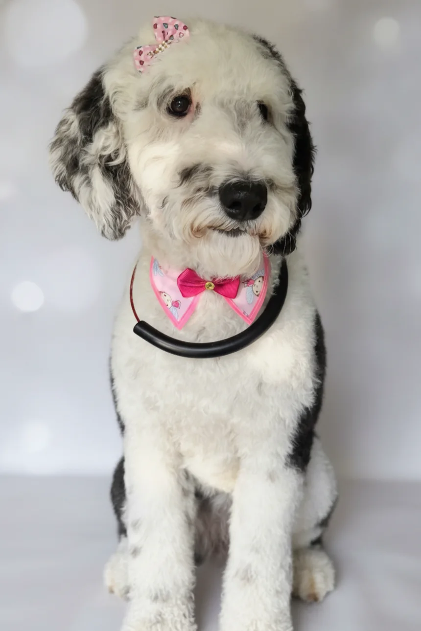 Freshly groomed black and white Sheepadoodle with a pink bow after a Glow Groom appointment