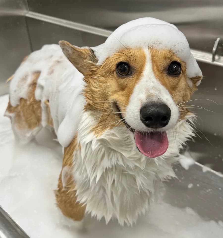 Hank the Corgi smiling with a bubble of suds on his head during a Glow Groom bath