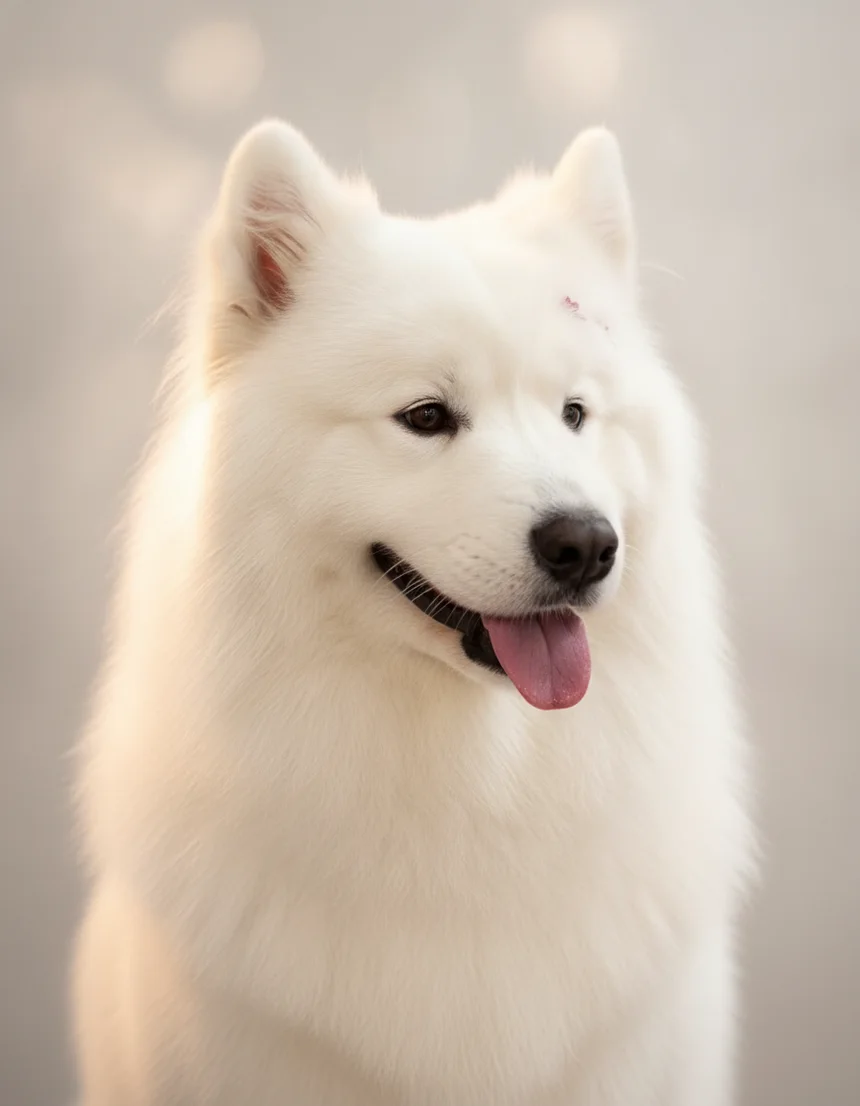 Freshly groomed fluffy white Samoyed with a pink bandana after a Glow Groom appointment