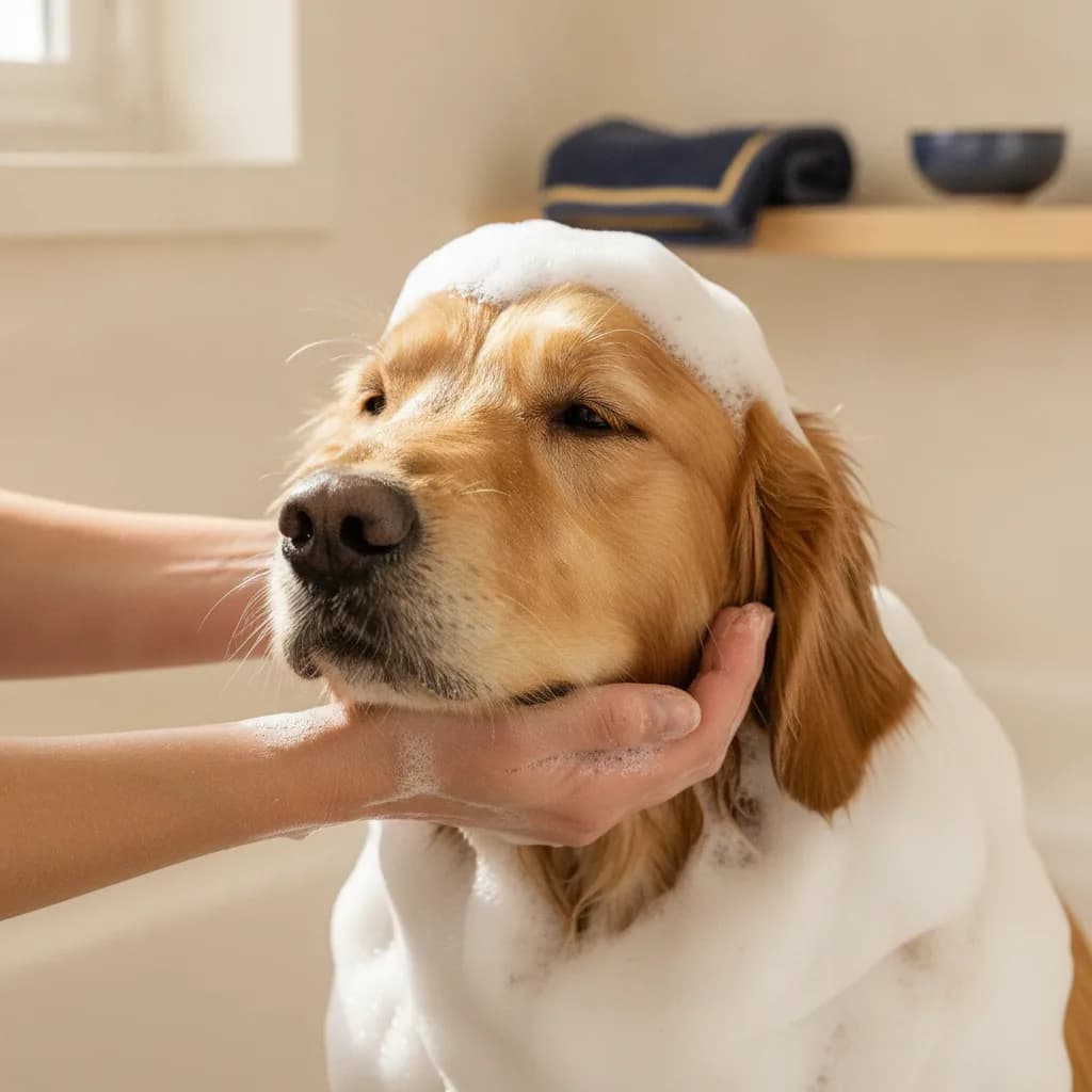 A dog being lathered with rich grooming suds during a bath inside a mobile grooming van