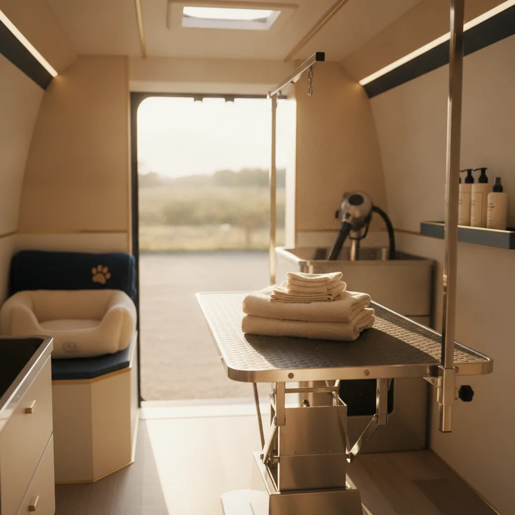 Interior of the Glow Groom mobile grooming van set up for a calm spa session